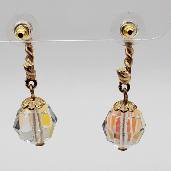 AB Crystal Faceted Bead Hoop Earrings Twisted Gold Tone Pierced Drop Dangle - Picture 3 of 6